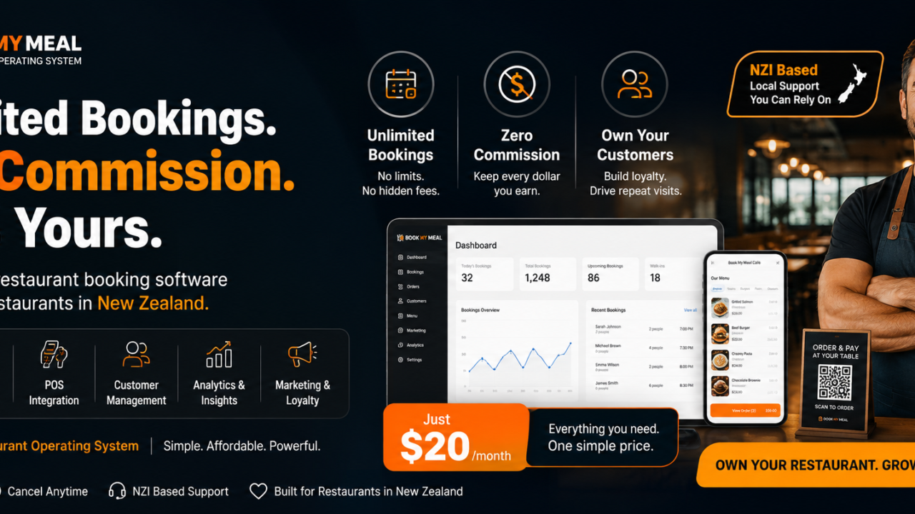 Restaurant Booking Software NZ by Book My Meal helping restaurants manage unlimited online reservations without commission fees
