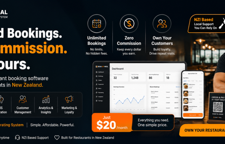 Restaurant Booking Software NZ by Book My Meal helping restaurants manage unlimited online reservations without commission fees