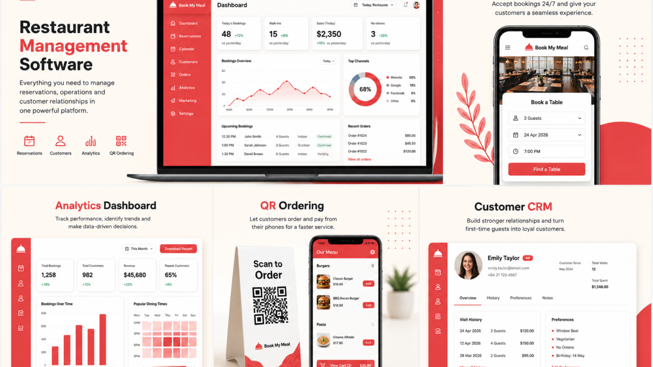 Restaurant Management Software NZ dashboard showing online reservations, QR ordering, analytics and customer CRM in one integrated restaurant operating system.