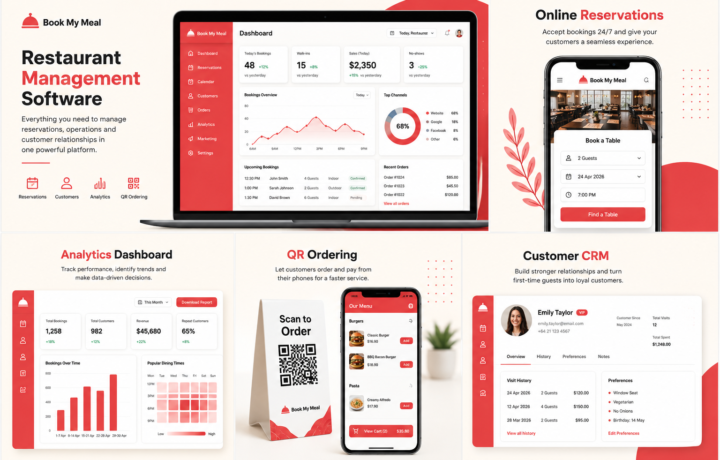 Restaurant Management Software NZ dashboard showing online reservations, QR ordering, analytics and customer CRM in one integrated restaurant operating system.