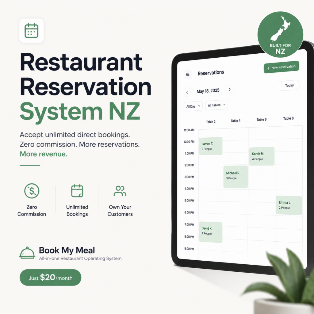 Restaurant Reservation System NZ by Book My Meal helping New Zealand restaurants accept unlimited direct bookings with zero commission and smart table management.